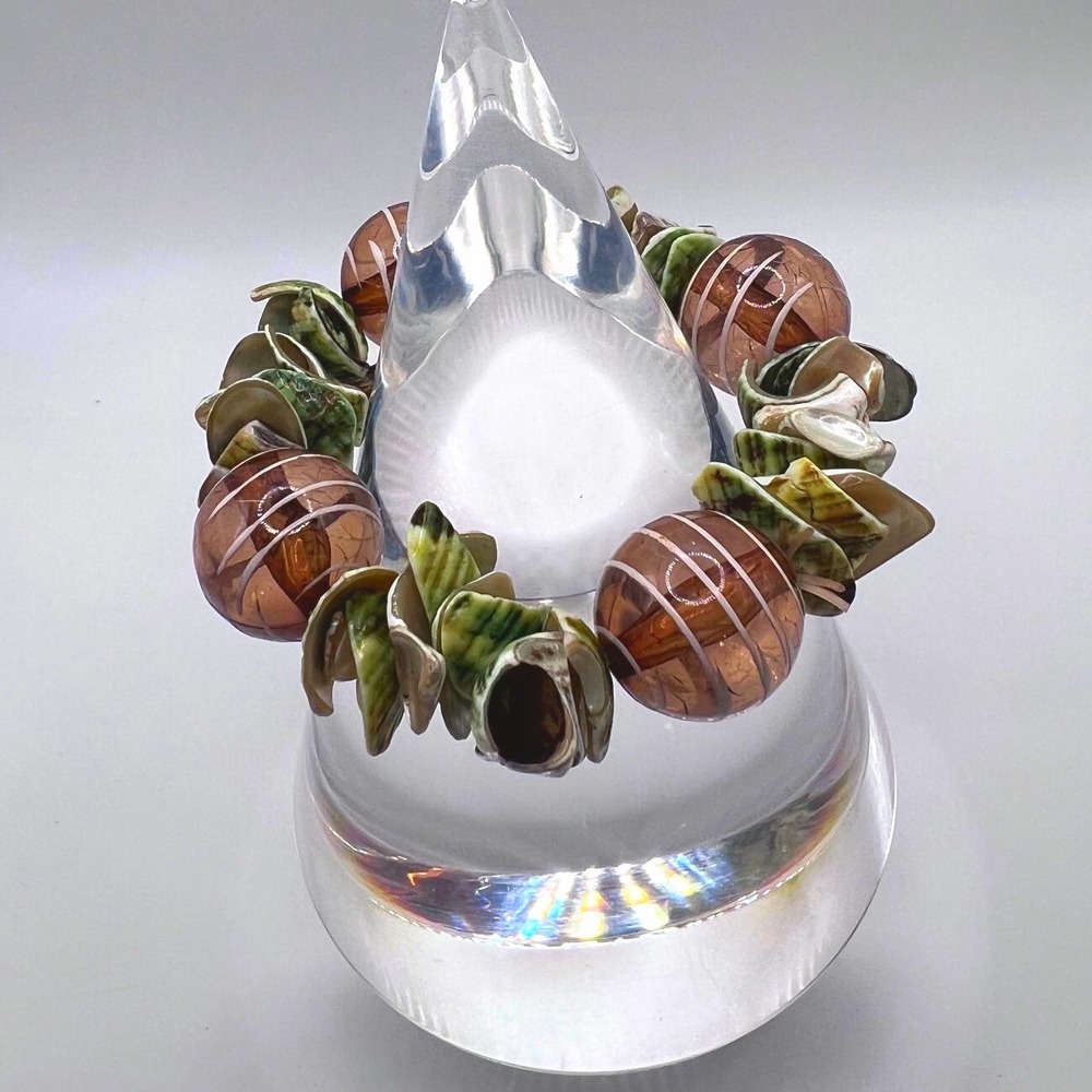 Unique Beaded Bracelet Copper Tone‎ Globe Shell Accent Stretch Women's